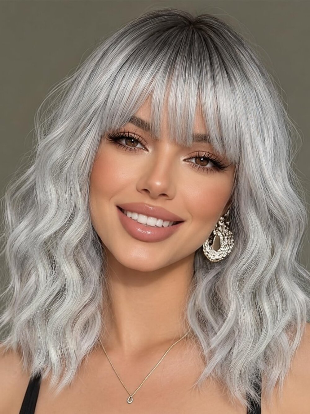 Women's Ombre Silver wavy Short Shoulder Curly with Bangs 16 Inch Synthetic Wig